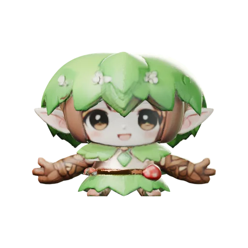A chibi forest spirit with a green leaf canopy, bark arms and a red chest gem, rendered as a soft 3D toy-like model on a white background.